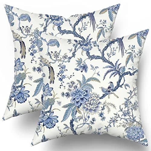 Image of JIMOWANG Chinoiserie Pillow Covers Set of 2 Blue and White Outdoor Pillows Bule Birds Flowers Throw 18 x 18 Inch Cotton Square Cushion Cover Decor for Bedroom Couch