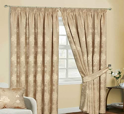 Image of Householdfurnishing Redy Made Luxury Jacquard Fully Lined Curtain Pair Pencil Pleat With Free Tie Backs (Gold Curtain, 66" x L 54")