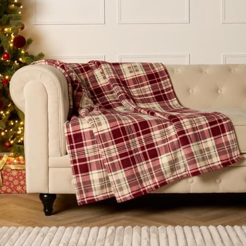 Image of OHS Christmas Blanket Red Throws for Sofa, Xmas Decorations Ultra Soft Warm Tartan Check Sherpa Fleece Blanket for Bed Settee Sherpa Reverse Christmas Throw Single Bed Throws, 125 x 150cm
