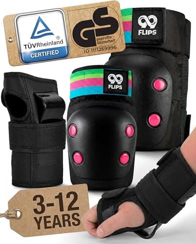Image of 99FLIPS Kids Knee and Elbow Pads for Children - Knee Pads for Kids - Wrist Guards - - SLIDE - Size SM - BLACK RAINBOW - Skateboard, Scooter & Inline Skates
