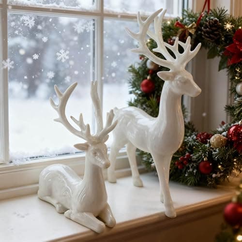 Image of 2Pcs Reindeer Christmas Decorations, A Pair of Reindeer Figurines- Shiny Electroplated Metal Surface, Non-Fading, Christmas Deer Ornaments for Living Room, Bedroom, Bookshelf, Desktop (White)