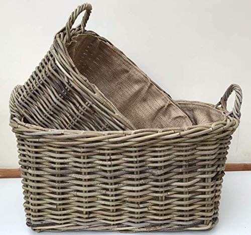Image of Log Basket/Storage Basket, Excellent Quality, Very Strong Kuba Rattan, Removable Hessian Liner (Set of 2)