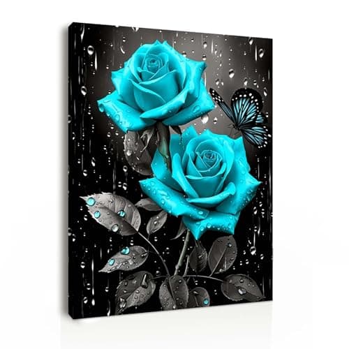 Image of Galmcook Canvas Wall Art 12x16 Inch Framed Blue Rose Painting with Butterfly Modern Wall Decoration for Living Room Bedroom Hallway and Stairs Artwork Wall Pictures with Hooks and Magic Tape