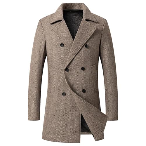 Image of Men's Double Breasted Wool Blend Textured Pea Coat Notched Lapel Overcoat Casual Bussiness Long Trench Coat Jacket