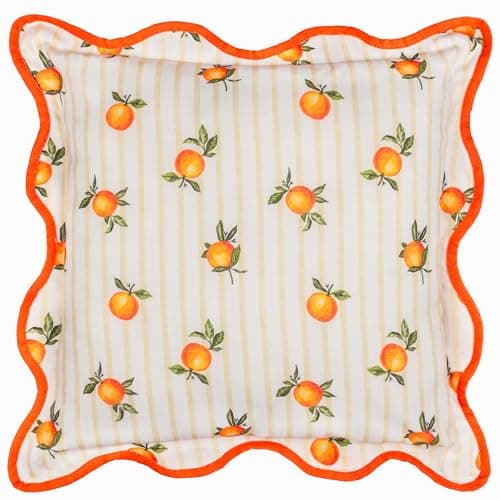 Image of furn. Fruits Oranges Polyester Filled Cushion – Water Resistant Striped Orange Fruit Outdoor Wiggle Piped Edge Decorative Pillow (Yellow - 45x45cm)