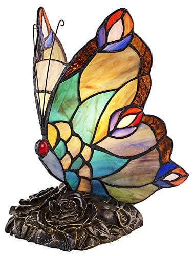 Image of Happy Homewares Beautifully Handmade Multi-Coloured Glass Butterfly Tiffany Lamp with Uniquely Designed Antique Bronze Resin Base