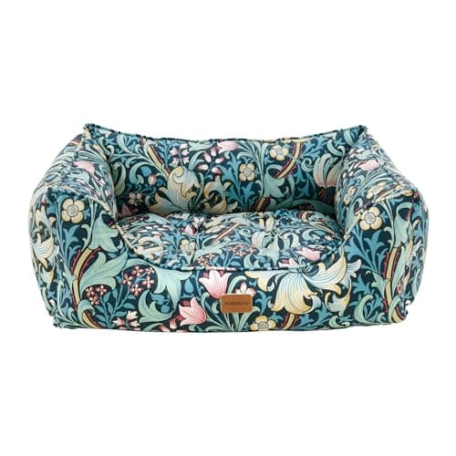 Image of Rosewood x Morris & Co. Golden Lily Square Dog Bed, Large – Luxury Reversible Pet Bed with Iconic William Morris Floral Print, Soft Washable Cushion, Padded Sides – Stylish Heritage Design