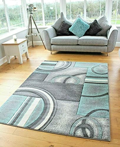 Image of Small Large Duck Egg Light Blue Silver Modern Soft Thick Circles Design Carved Rugs Long Hall Runner Mats (6 (66x230cm Runner)