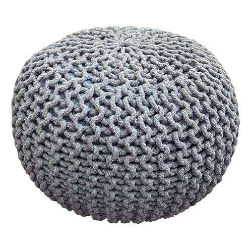Image of YORKSHIRE HOMEWARE Large 100% Cotton Chunky Knitted Round Pouffe Handmade Bean Filled Home Living Room Children Foot Stool Ottoman (Silver)