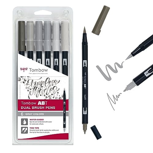 Image of Tombow ABT Dual Brush Pen, Grey Colors, set of 6, dual-tip pens, perfect for hand lettering and bullet journaling, watercoloring [ABT-6P-6]