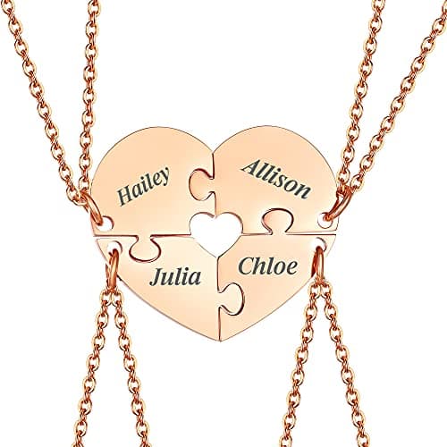 Image of PJ JEWELLERY Personalised Name Initial Stainless Steel Heart Shape BFF Puzzle Pendant Necklace 2/3/4/5 Pieces for Family Lover Best Friend Soulmate Matching Necklace Set Customised 19" Chain