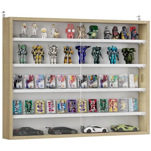 Image of HOMCOM 5-Tier Wall Mounted Display Cabinet, Display Case with 4 Adjustable Shelves, Glass Doors for Home Office Ornaments 60x80cm, Natural