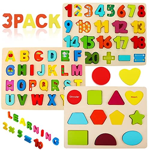 Image of Voamuw Wooden Puzzles for Toddlers, Wooden Alphabet Number Shape jigsaw for 3 4 5 Year olds Kids, Montessori Toys Learning Educational Gift for Boys Girls (Set of 3)