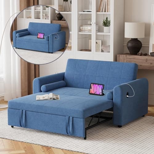Image of 2 Seater Sofa Bed, 3-in-1 Convertible Velvet Sleeper Double Sofa Bed with Storage Pockets, USB & Type-C Ports and 3-Position Adjustable Backrest, Pull Out Couch Bed for Living Room, Bedroom, Blue
