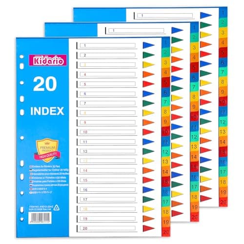 Image of File Dividers A4, 3 Pack 20 Part Folder Dividers 1-20 Coloured Plastic A4 Dividers for Lever Arch Files Ring Binders Office School Index Dividers