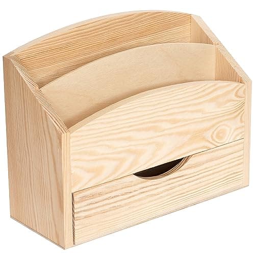 Image of Creative Deco Wooden Desk Organiser Letter Rack | 25 x 10 x 20.5cm | 2 Compartments with Drawer | Unpainted Wood Box Tray for Letters Paper Work | Plain Organiser for Office Accessories & Storage