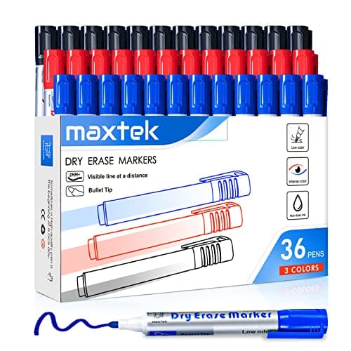 Image of maxtek Whiteboard Pens Markers, 36 Count Whiteboard Markers Pens Erasable, Bullet Tip Black Blue Red 3 Assorted Colors, 2-3mm, Office & Classroom Teaching Supplies