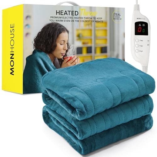 Image of MONHOUSE 130X160 cm Soft Electric Sofa Blanket -Fleece Single Heated Throw With Digital Controller - Machine Washable Bed Throw, Timer up to 9 hours, 9 Heat Settings, Auto Shutoff- TEAL