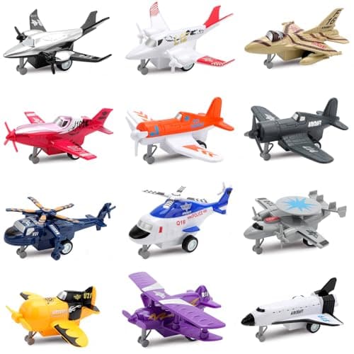 Image of deAO Set of 12 Pull Back Airplanes Vehicle Playset Variety Pack of Helicopters, Stealth Bombers, Fighter Jets, Aircraft, Planes, Multicoloured (Standard Edition)