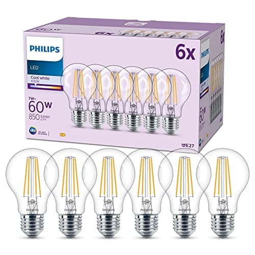 Image of Philips LED Frosted A60 Light Bulb 6 Pack [Cool White 4000K - E27 Edison Screw] 60W, Non Dimmable. for Home Indoor Lighting