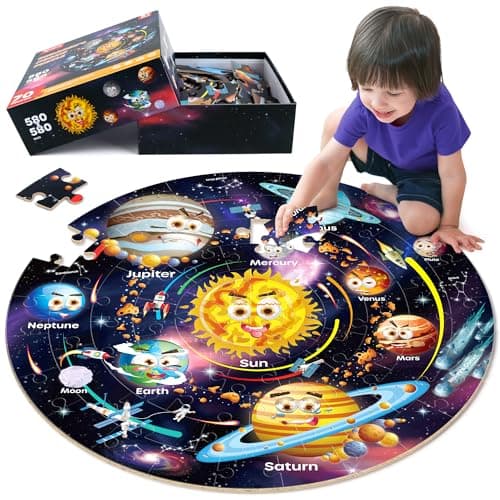 Image of SYNARRY Giant Solar System Floor Jigsaw Puzzle for Kids 3 4 5 6 7 8 Year Olds, 70 Piece Big Round Space Planets Astronaut Jigsaw, Space Toys Gifts for Toddlers Children Boys Girls