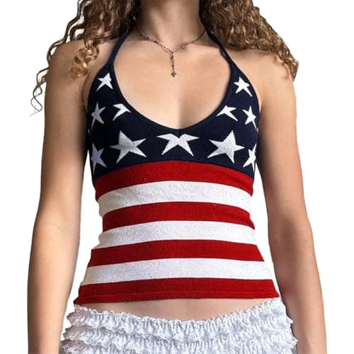 Image of American Flag Tank Tops for Women 4th of July Vest Sleeveless Halter Neck Flag Pattern Patriotic Cami Tops Going Out (Multi-Color, L)