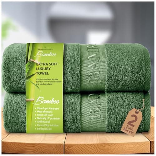 Image of GC GAVENO CAVAILIA Bamboo Bath Sheet Extra Large (90x140cm) - 500 GSM Super Water Absorbent Towels Large Bamboo Towels 2 Pack (60% Bamboo, 40% Cotton) - Extra Soft Towel Bath Sheets - Green