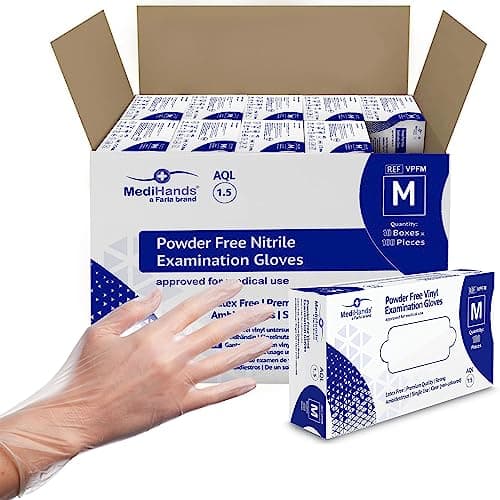 Image of MediHands Vinyl Clear Gloves, Box of 1000 - Disposable Vinyl Gloves Medium - Powder Free, Latex Free, & Protein Free Clear Gloves - Multi-Purpose, Single Use