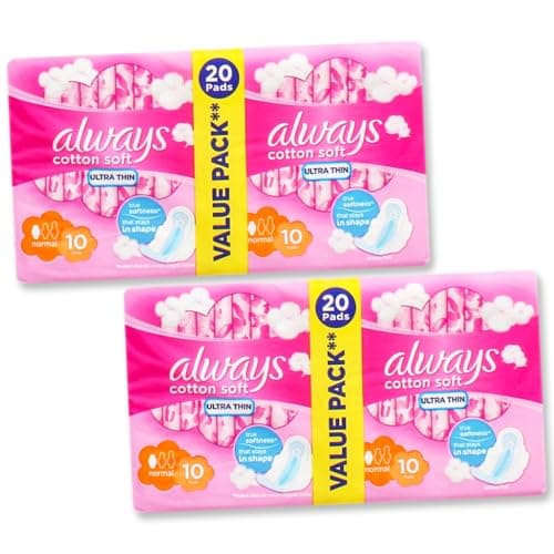 Image of Always Cotton Soft Ultra Thin Normal with Wings Sanitary Towels - 40 Pads (2 Packs of 20), Absorbent, Breathable Feminine Hygiene Protection