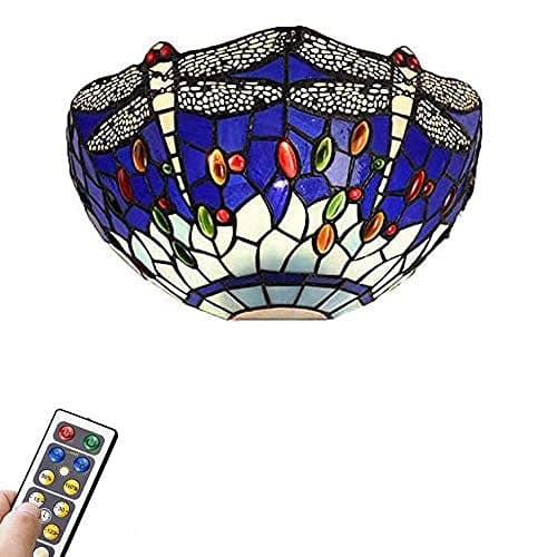 Image of FSLiving 1-Pack 55 Lumens Led Remote Control Battery Run Wall Sconce Dimmable Wireless Wall Lamp Tiffany Dragonfly Blue Lampshade for Bedside Reading Room,3 AA Battery Operated,Battery Not Included