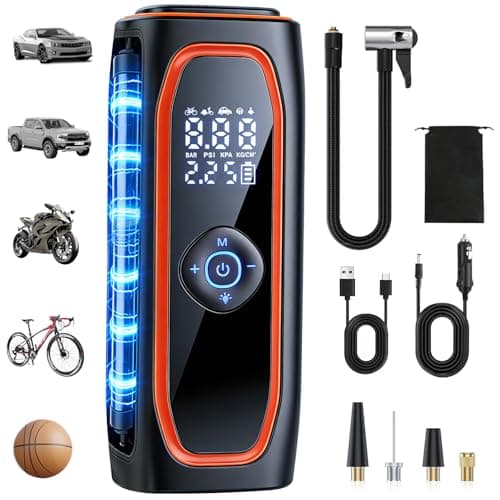 Image of Portable Car Tyre Inflator Air Compressor,220Psi 7500mAh Cordless & 12V Electric Tyre Pump with Digital Pressure Gauge, Auto Shut Off, LED Light, Fast Inflation for Car, Motorcycle, Bike & Ball