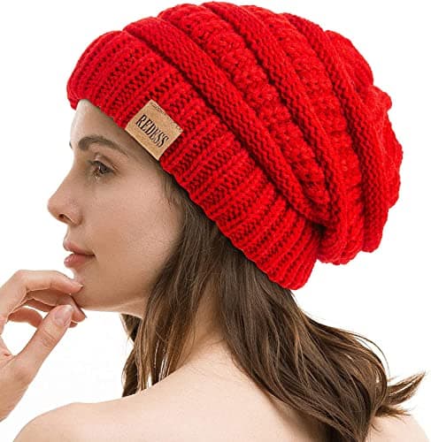 Image of REDESS Slouchy Beanie Hat for Women Winter Warm Chunky Soft Oversized Cable Knit Cap Red