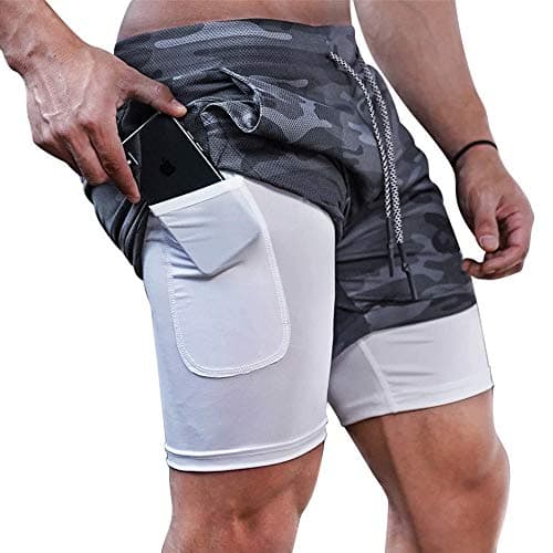 Image of Superora Mens Running Gym 2 in 1 Sports Shorts Breathable Outdoor Workout Training Shorts with Pockets, Gray Camo, L