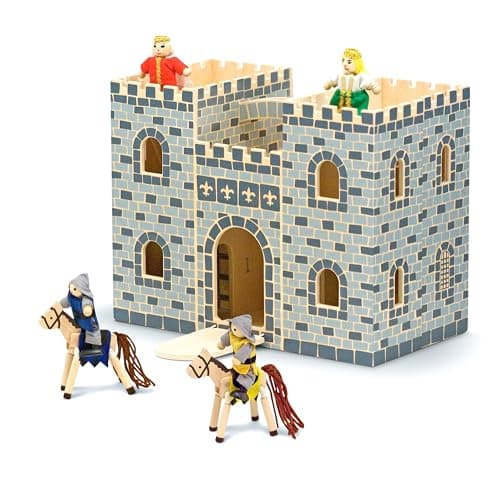 Image of Melissa & Doug Fold & Go Wooden Castle (Pretend Play Grey Dollhouse With Wooden Play Figures, Horses, Furniture, 12 Pieces)