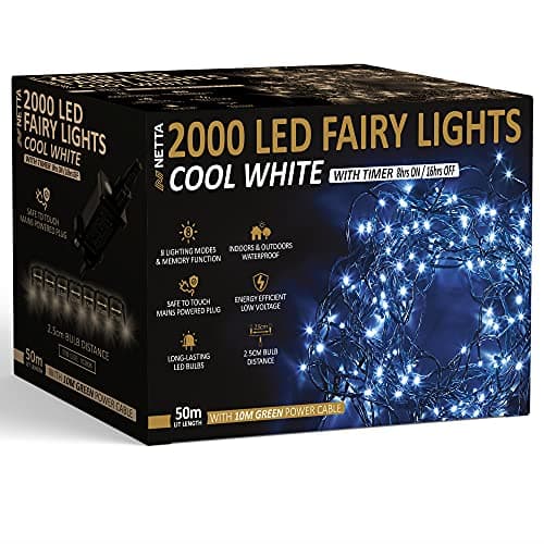 Image of Christmas Tree Lights 2000 LED 50m Cool White - 2.5cm Bulb Distance Fairy String Lights Plug in with Timer and Memory Functions - Suitable for Outdoor/Indoor Use