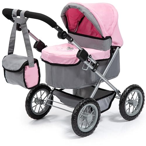 Image of Bayer Trendy Baby Dolls Pram - Foldable Pushchair for Doll Up to 46cm, Height Adjustable, Storage Basket - Dolls Pram for 3 Year Olds, Girls, Boys, Toddler Toy 3-6 Years - Fairy Grey, Pink Stroller