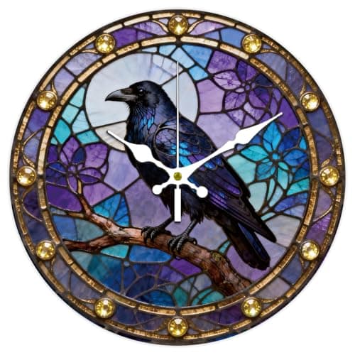Image of CONCHLERY 12 Inch Gothic Cross Raven Pattern Round Wall Clock Silent Non Ticking Decorative Clock, for Home Living Room Bedroom Kitchen Office Decor