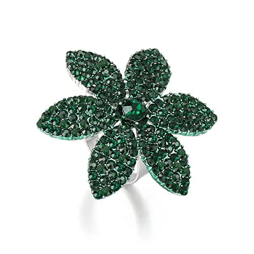 Image of Ever Faith Green Flower Leaf Statement Adjustable Cuff Ring for St. Patrick's Day, Sparkle Crystal Irish Holiday Jewellery Accessories for Woman Girls