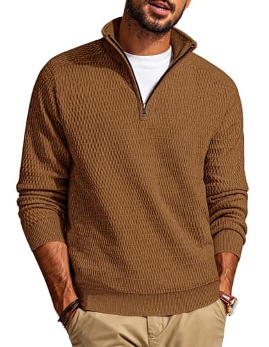 Image of PJ PAUL JONES Mens Sweaters Half Zip Jumper, V Neck Winter Jumpers Stand Collor Brown XL