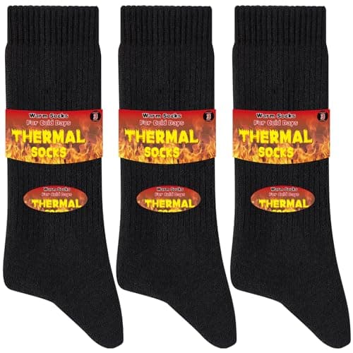 Image of Niofind Thick Warm Thermal Socks for Men Women, Full Cushion Winter Socks, Crew Length Black Heavy Duty Heated Cotton Boot Sock for Work Outdoor Walking, Hiking, Running, Black, 9-12, 3 Pairs