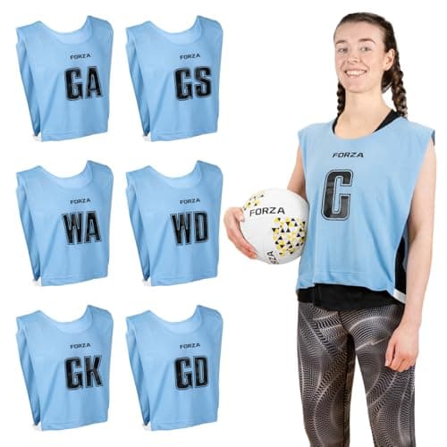 Image of FORZA Pro Netball Bibs [7 Pack] | Full Netball Player Position Bib Pack Available in 7 Colours - Breathable and Comfortable Bibs for Schools & Clubs (Sky Blue, Medium)