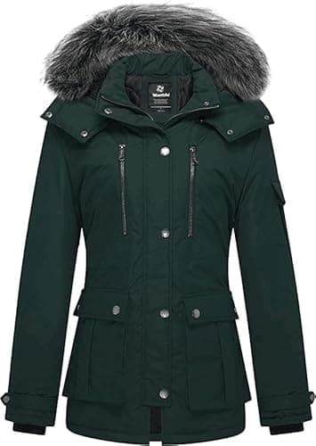 Image of Wantdo Women's Winter Cotton Padded Coat Warm Outdoor Windproof Jacket Faux Fur Hood Coats Classic Ladies Parka Jacket Blackish Green L