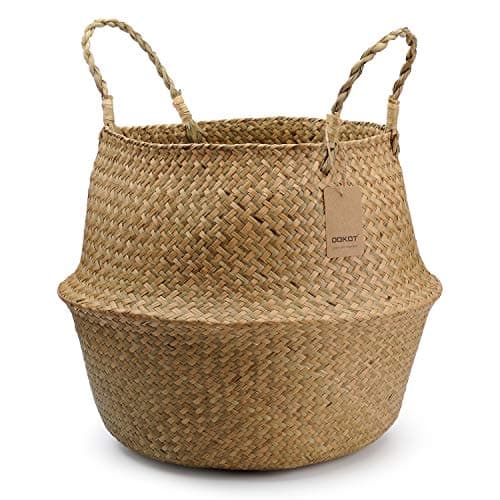 Image of DOKOT Natural Seagrass Woven Plant Pot Laundry Storage Belly Basket With Handle (Natural)