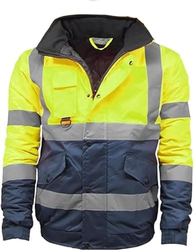 Image of ANZEE Mens Hi Vis Bomber Jacket - High Visibility Waterproof Safety Security Workwear Reflective Tape Two Tone Warm Winter Zipper Pockets UK S-3XL (UK, Alpha, XXL, Navy/Yellow)