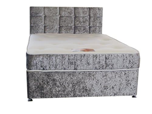 Image of Just Beds 4FT6 Double Silver Crushed Velvet Divan Bed Set Including Luxurious Memory Foam Mattress And Dimante Headboard