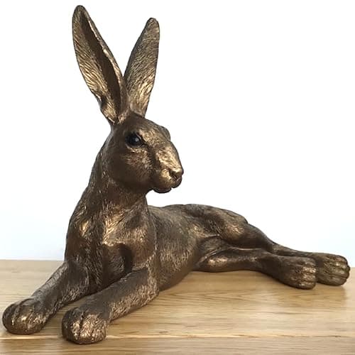 Image of Animal Crackers Leonardo Hare large (26cm long) bronze effect Lying Hare ornament figurine from the Reflections Bronzed range, comes in a Leonardo quality gold gift box