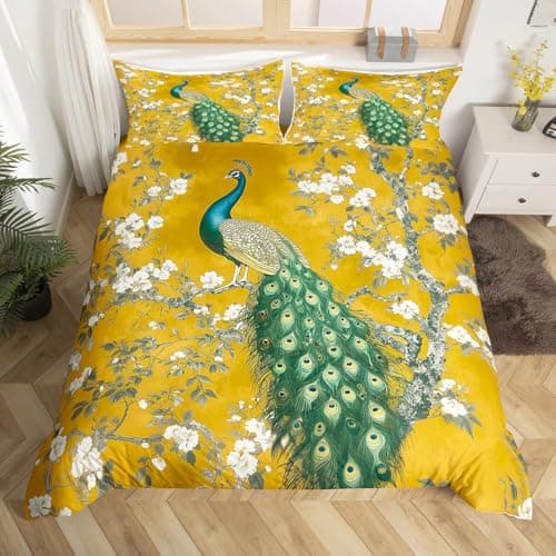 Image of Homewish Retro Peacock Flowers Double Size Duvet Cover for Girls Women Adults, Elegant Peacock Animal Print Bedding Set Vintage Gorgeous Floral Quilt Cover Luxury Bed Sets, Grey Reversible