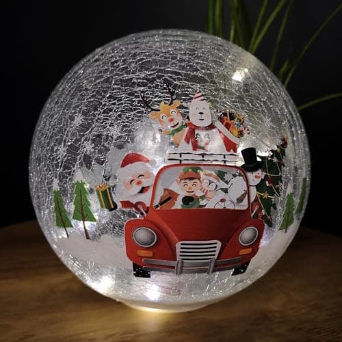 Image of Samuel ALEXANDER 20cm Battery Operated Twinkling Warm White LED Crackle Effect Ball Decoration with Santa and Friends in Car
