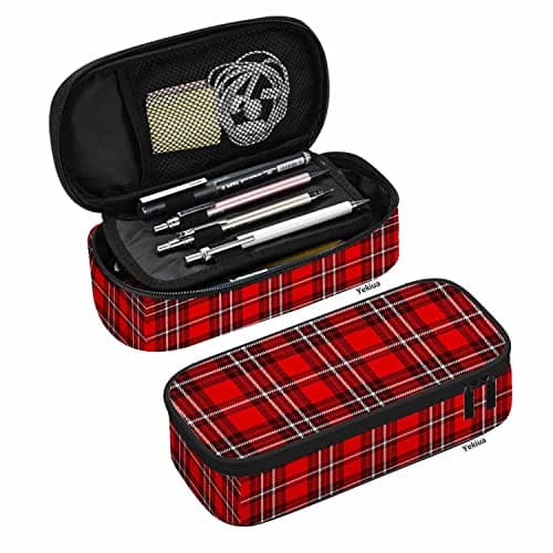 Image of Yekiua Plaid Pencil Pouch Scottish Tartan High Capacity Pencil Case Stationary Bag Cosmetics Bag Red White