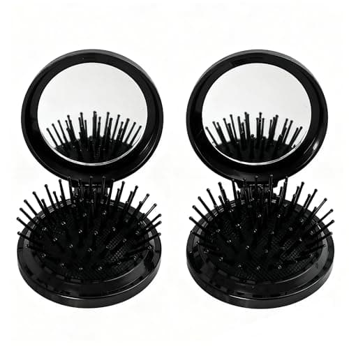 Image of Xynovate 2Pcs Foldable Travel Mirror Hair Brushes, Mini Travel Hair Brush with Mirror, Travel Size Hair Massage Comb for Women Man Travel Home, Healthy Shine, Wet Dry Hair (Black)